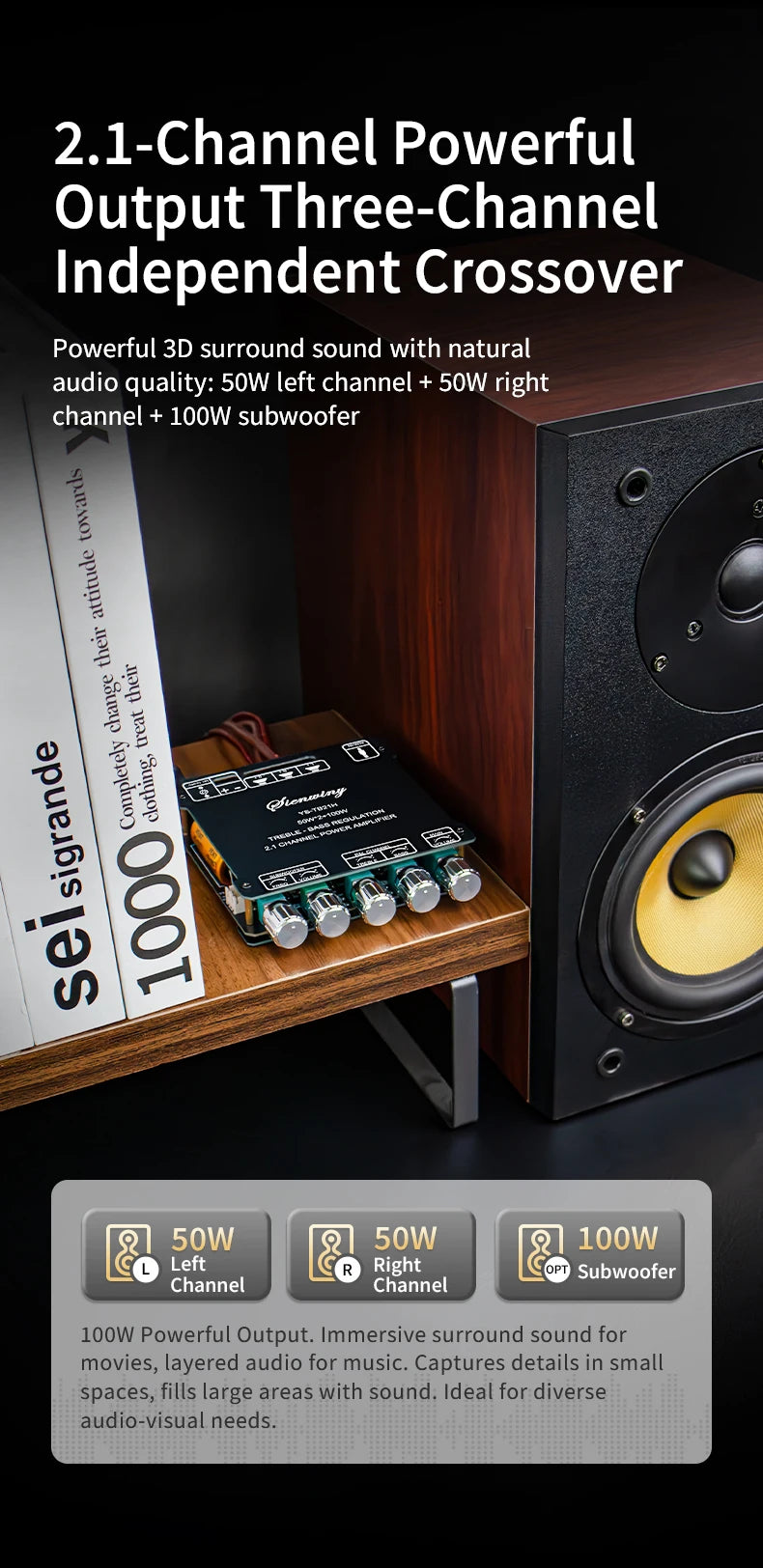 YS-TB21H TPA3116 Bluetooth 5.1 Audio Amplifier Board 2.1 Channel 50Wx2+100W Subwoofer APP Control HiFi Stereo Power Amp