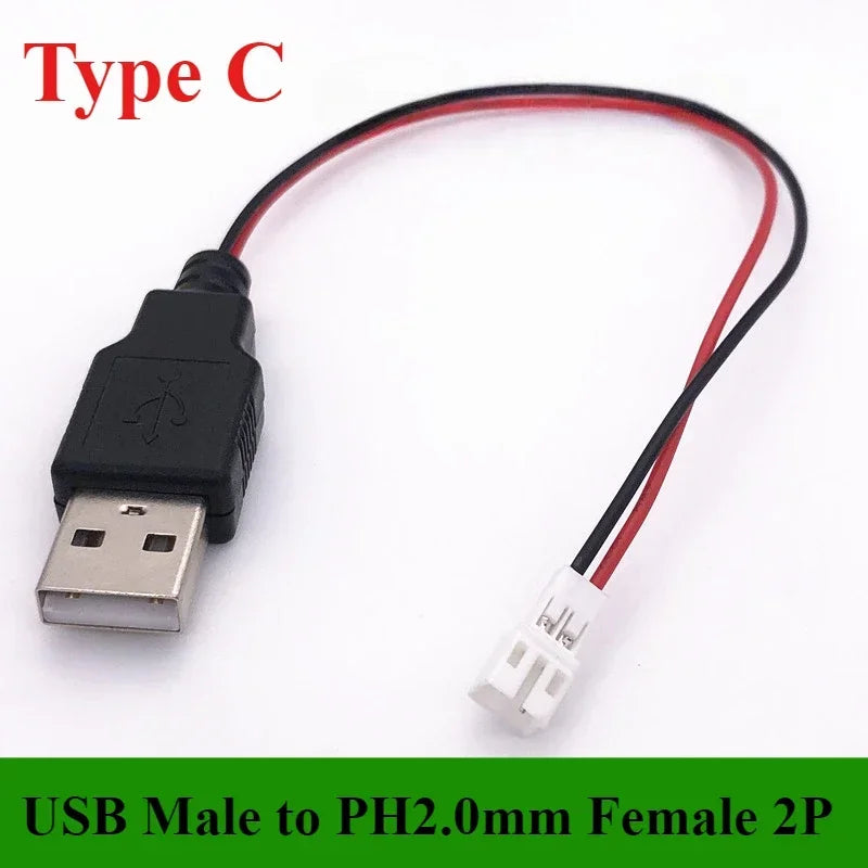 1/5/10Pcs/lot USB Male/Female to XH2.54 /PH2.0/1.25mm Female Plug adapter cable  2P 26AWG 20CM Toy Fan drone connector cable