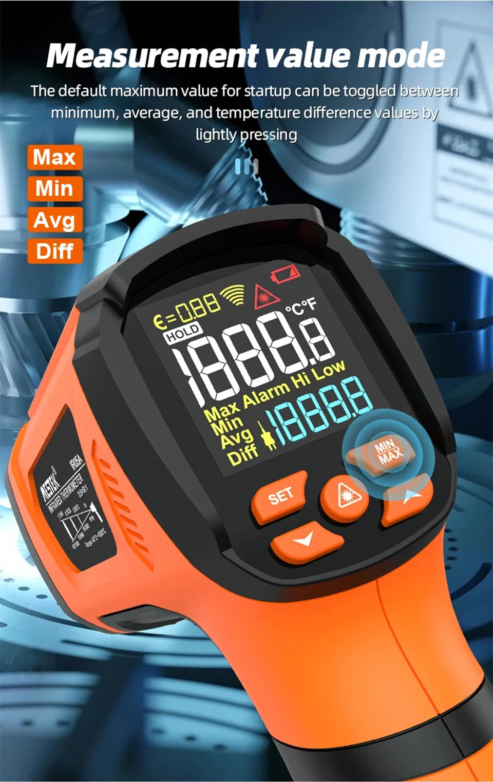 Non-contact Infrared Thermometer -40°C~1600°C High Temperature Meter with K-type Probe Laser Pyrometer Adjust Emissivity