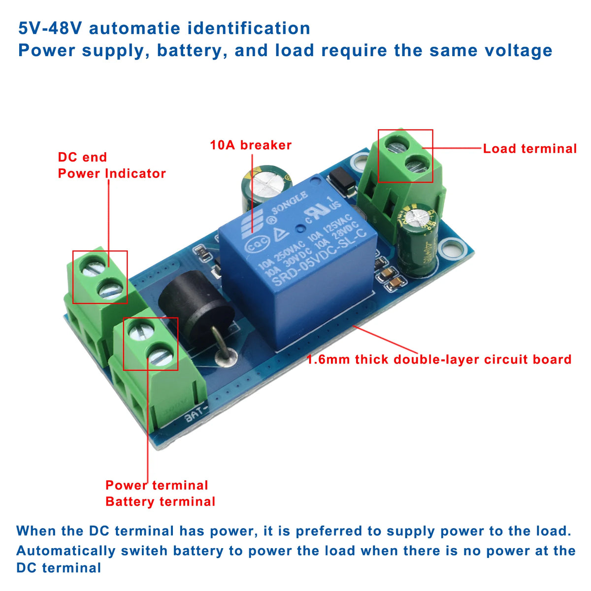 DC 5V-48V 10A Automatic Power Changeover Relay Module YX850 Battery Backup UPS Switch for LED Load Emergency Transfer Board