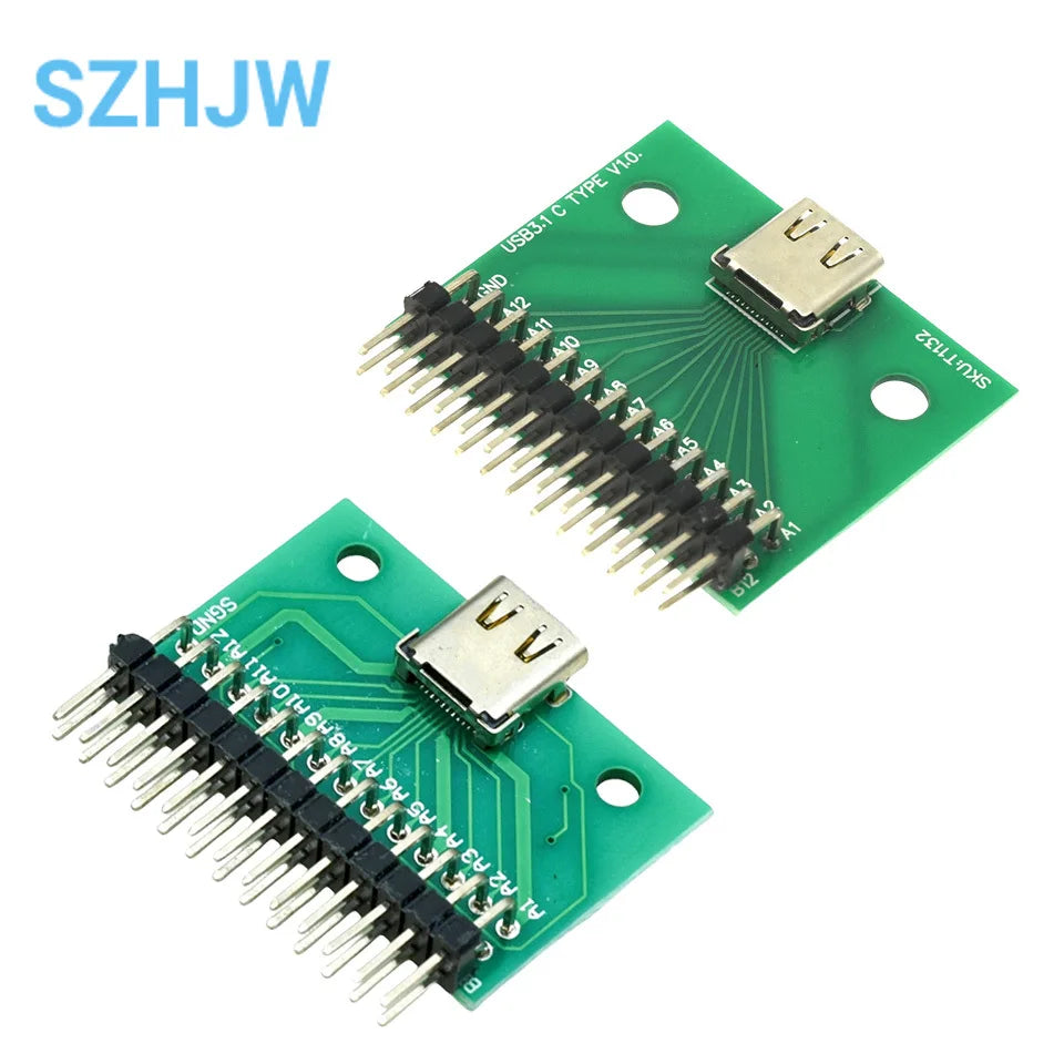 USB 3.1 Type-C Female Receptacle 24Pin PCB Mount SMT DIP Test Board with Header Pins for DIY Electronics Projects