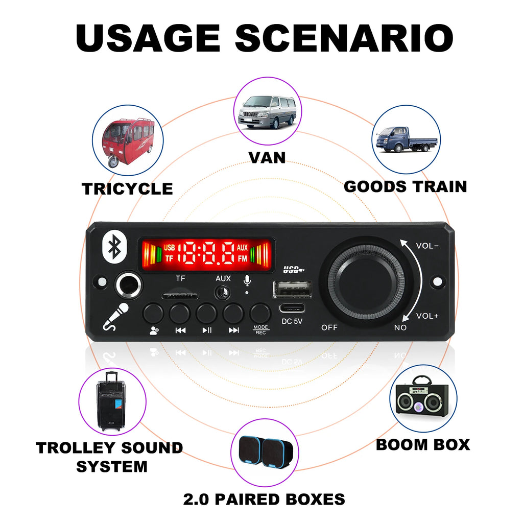 2*3W 6W Amplifier 5V MP3 Decoder Board Bluetooth 5.0 Stereo Audio DIY Car MP3 Player FM Radio TF USB 6.5mm Mic jack Record Call