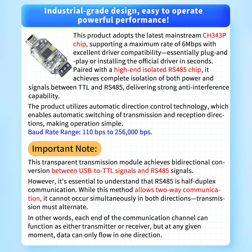 CH343P module 6Mbps USB to RS485 Isolated Converter Industrial Grade Type-C Interface 16KV Isolation Dustproof USB to TTL serial