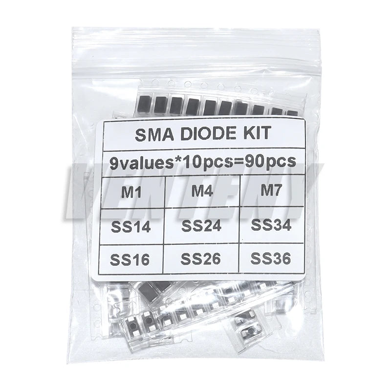 90PCS Rectifier Diode SS14 SS24 SS34 1N4007 1N4001 1N4004 SS16 SS26 SS36 SMD Schottky Diode Assort Kit