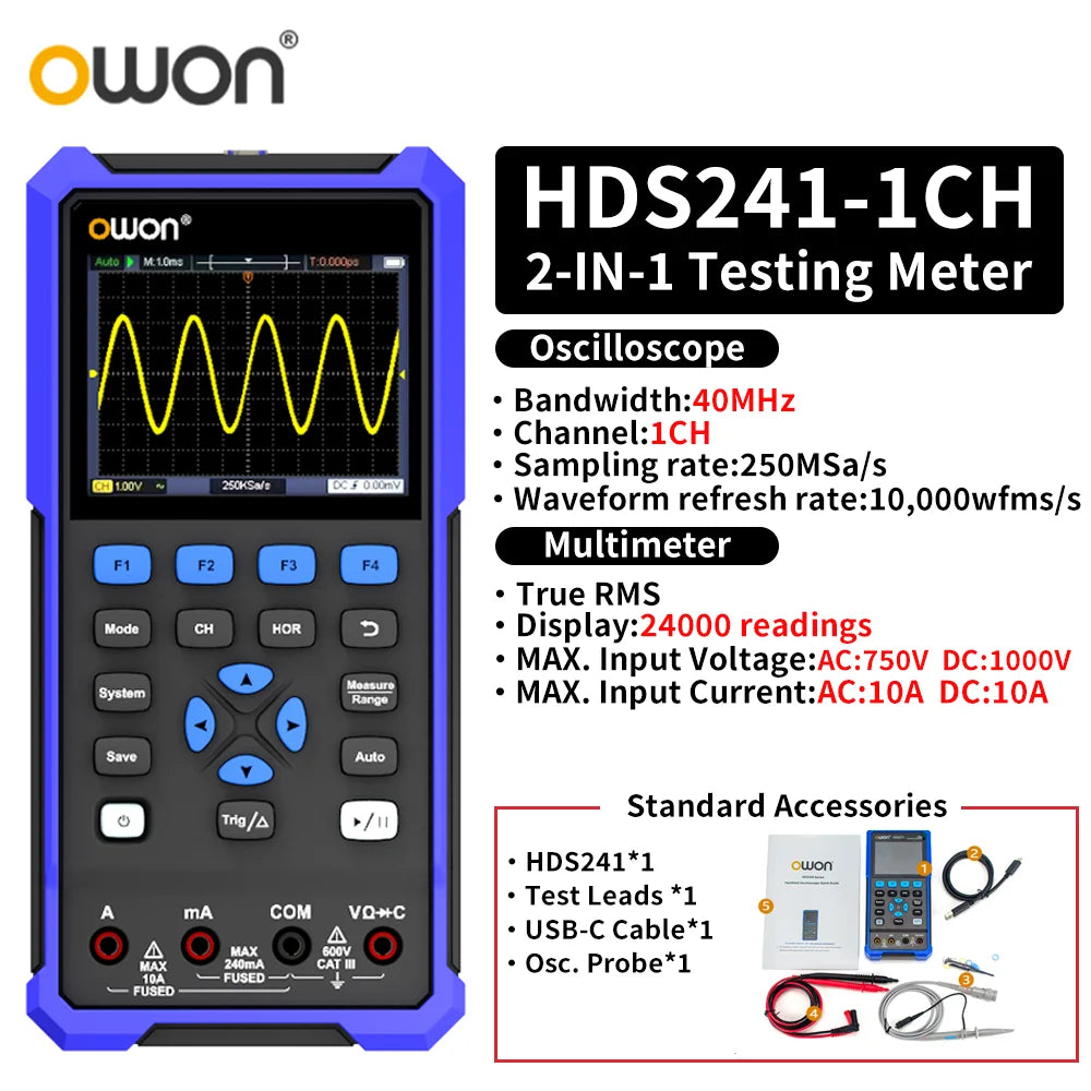 OWON HDS2102S/HDS272S/HDS242S Handheld 3-in-1 Digital Oscilloscope, Signal Generator, Multimeter | 100MHz Bandwidth, 2 Channels