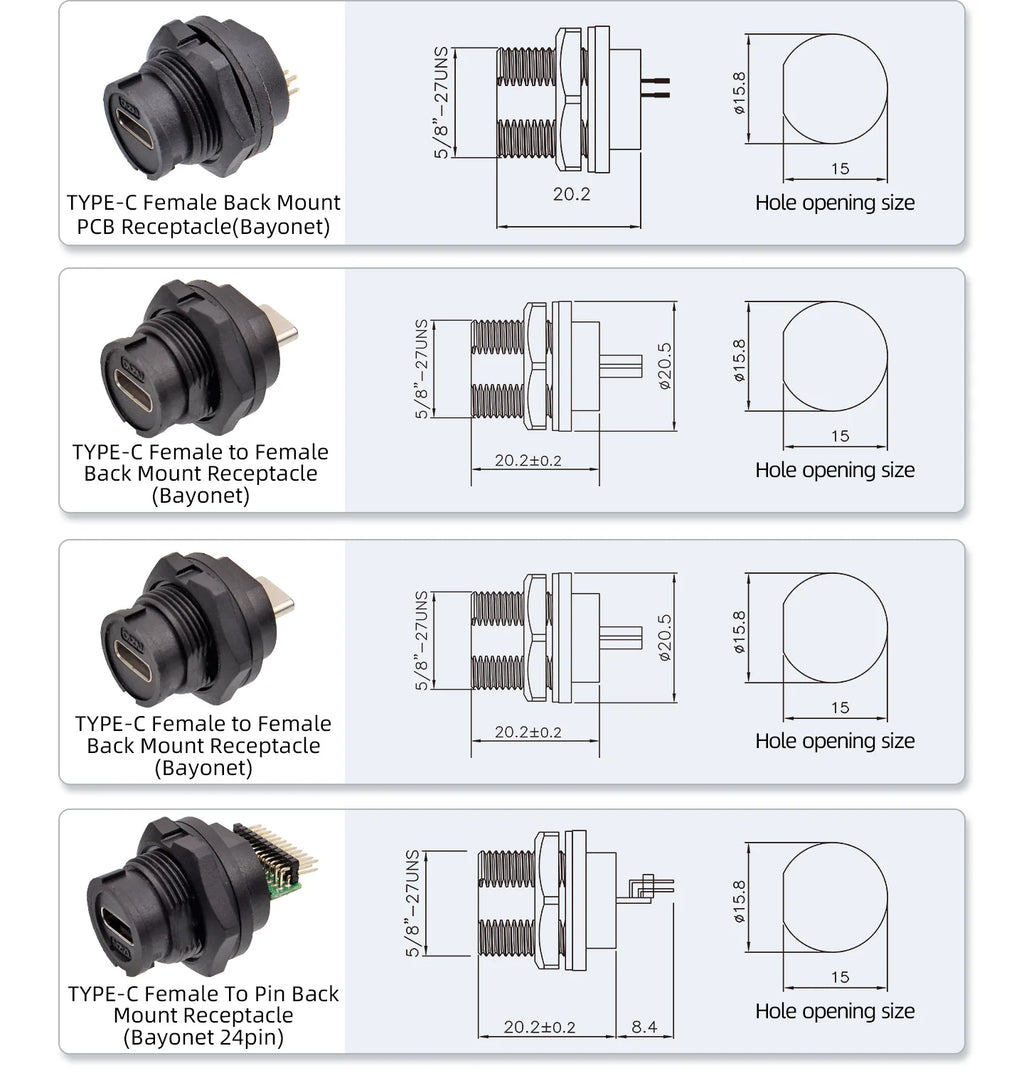 Type-c to USB 3.0 IP67/Ip68 Waterproof Connector Aviation Plug Quick Charge Female to Female Panel Mount PCB Socket FPC Cable