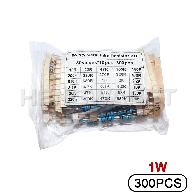300PCS 1W 1/2W 1/4W 10R - 1M Ohm Resistance Set 1% Metal Film Resistor Assortment Kit 30Kinds*10pcs=300PCS