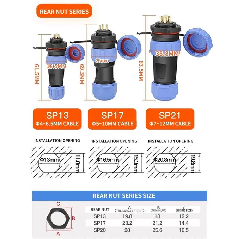 IP68 waterproof aviation plug socket circular rear nut connector 2 3 4 5 7 9 12 pin SP21 butt connector