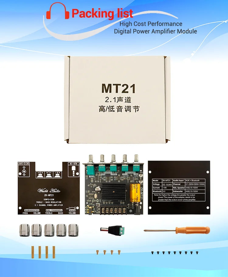 MT21 2.1 Channel Bluetooth 5.0 Audio Amplifier Board 100W Subwoofer 50W*2 L/R Stereo Amp Module Bass Treble Control AUX Input DC12-24V for Home Speaker DIY