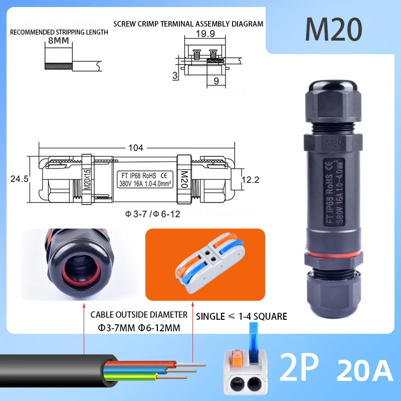 IP68 Waterproof Connector Outdoor LED Lighting Sealed Connector  Assembly Type Wire And Cable Quick Terminal Connector 2/3/4/5P