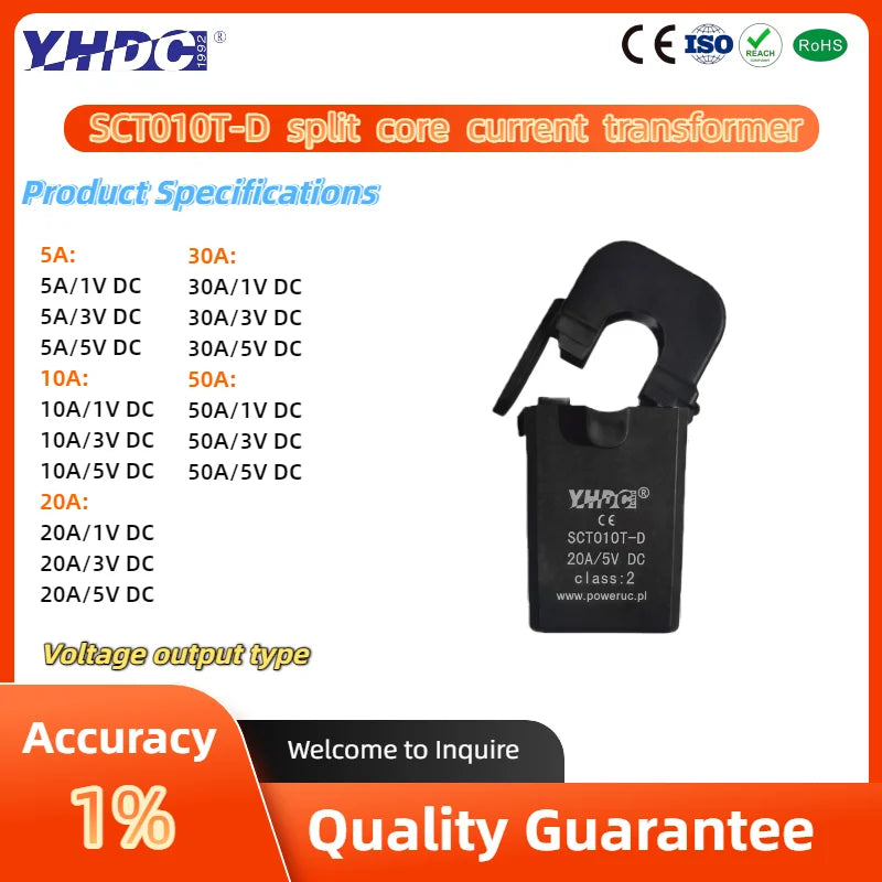 YHDC SCT010T-D Input 5A/10A/20A/30A/50A Output 1V/3V/5V DC Accuracy 1% Split Core Current Transformer