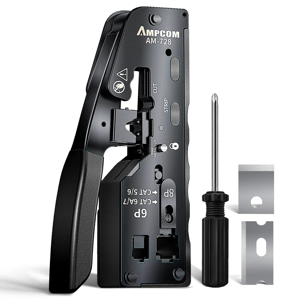 AMPCOM rj45 Crimper CAT7 Crimping Tool for Pass Through RJ11 RJ 45 Connector CAT6 CAT5E Modular Plugs With Wire Stripper Cutter