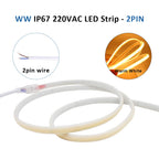AC220V COB LED Strip Light IP67 Waterproof Flexible Ribbon 2Pin Wire/EU Plug Tape Lamp 3000K/4000K/6000K Outdoor Linear Lighting