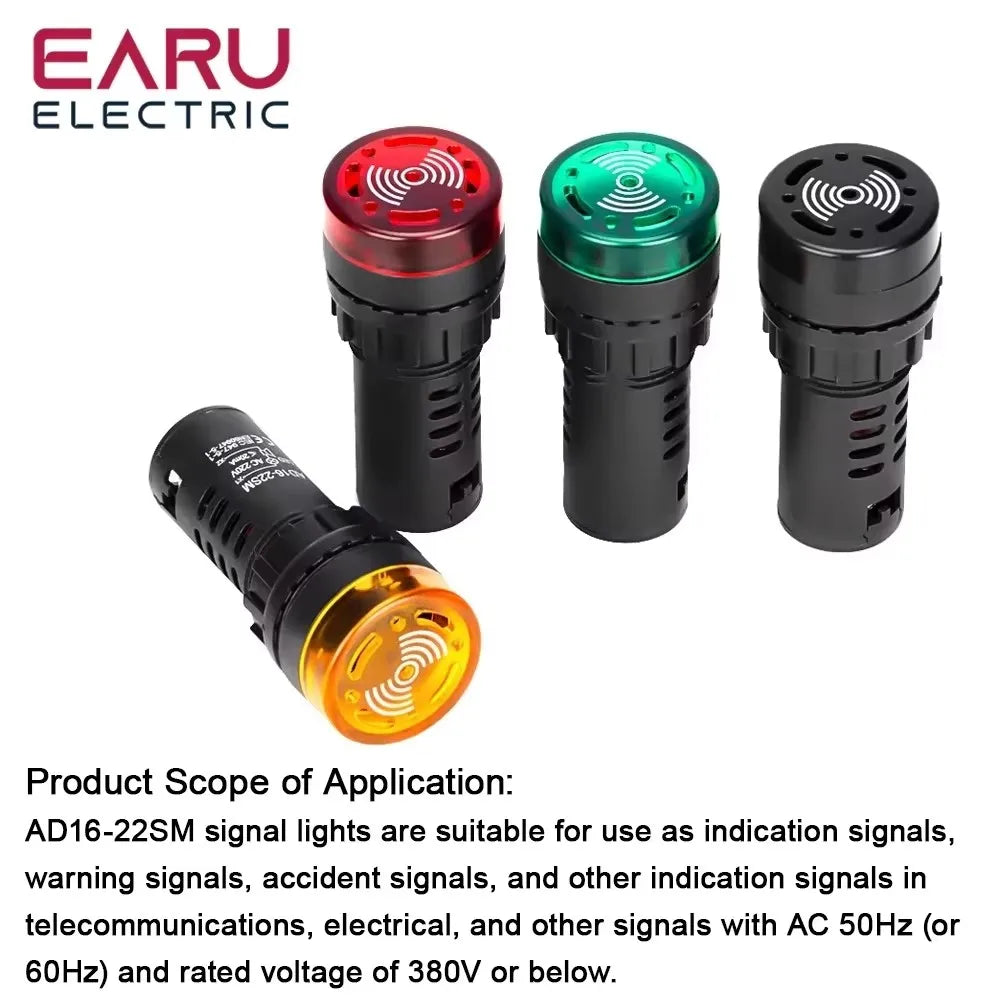 EARU AD16-22SM 22MM Panel Diameter Audible & Visual Warm Alarm Beep Buzzer LED Pilot Signal Indicator Light Lamp 12/24/110/220V