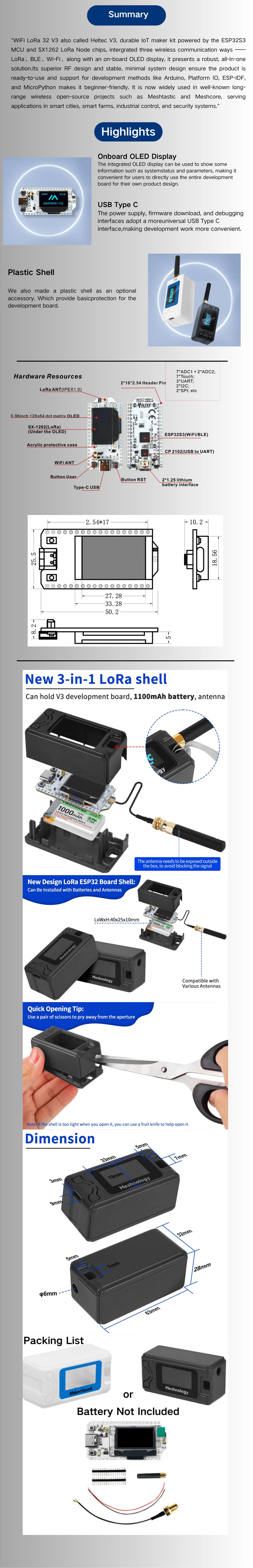 Heltec WiFi LoRa 32 V3 Development Board with Plastic Case ESP32 S3 SX1262 Meshtastic LoRaWAN Compatible OLED Display