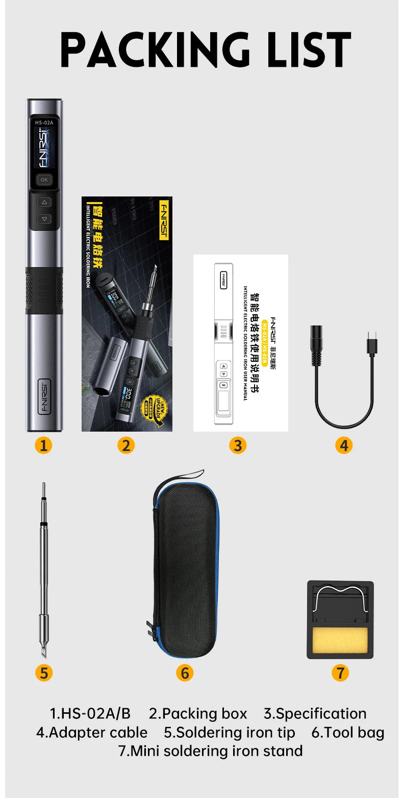FNIRSI HS-02 Adjustable Temperature Soldering Iron DC 20V 100-450℃ Welding Solder Rework Station PD 100W Portable Repair Tool
