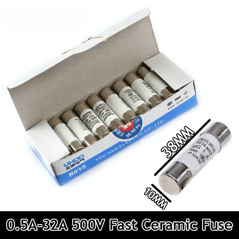 20-5 Pcs, 10*38 Fast Blow Ceramic Fuse 10x38mm Fuse 500V 0.5A 1A 2A 4A 5A 6A 8A 10A 16A 20A 32A RO15 RT18 RT14