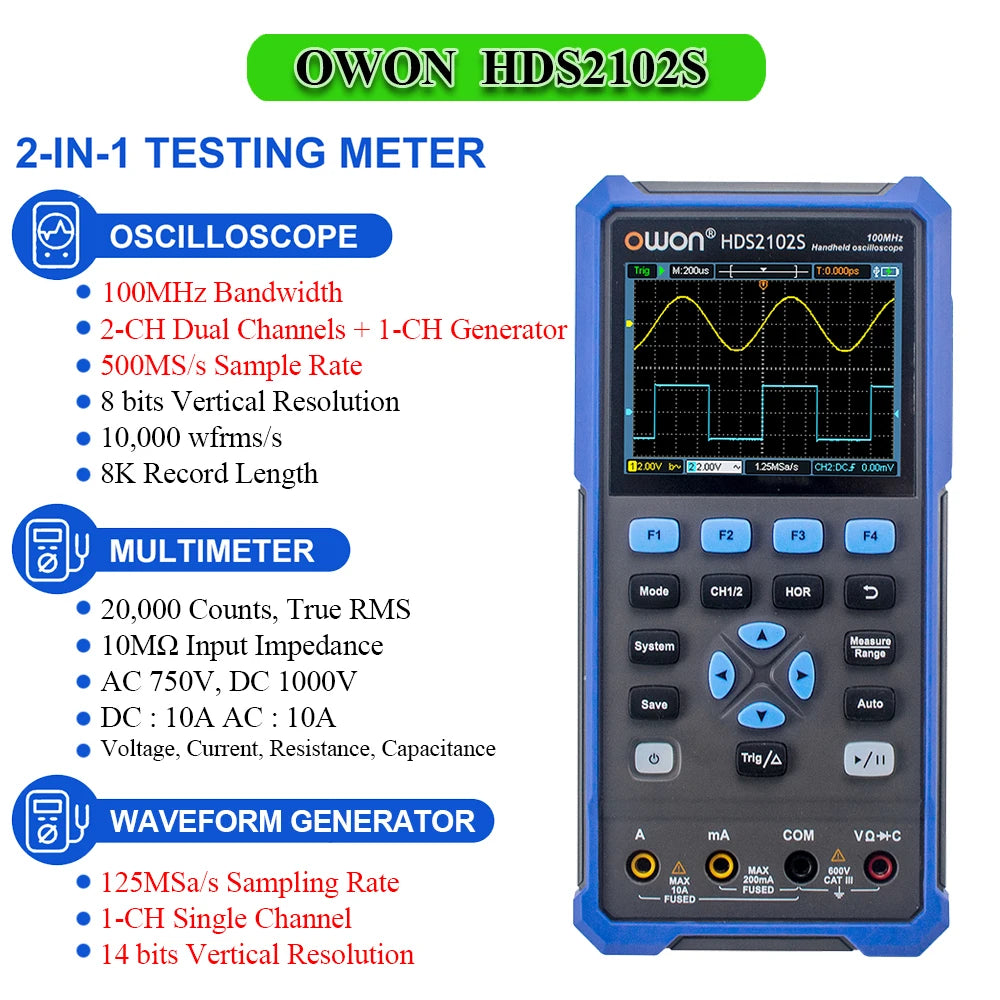 OWON HDS2202S 2102S Digital Oscilloscope 2Channels 200Mhz 1GSa/s Portable 3in1 USB Osiclloscopes + Multimeter+Waveform Generator