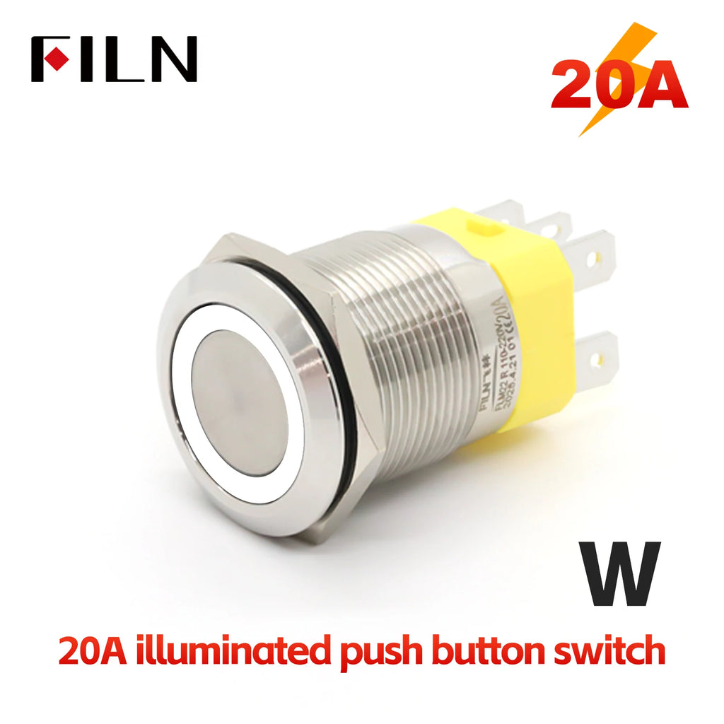 FILN 22mm 20A Stainless Steel Push Button Switch Waterproof IP66 High Current 12V/24V/110V/220V Auto Marine Industrial Control