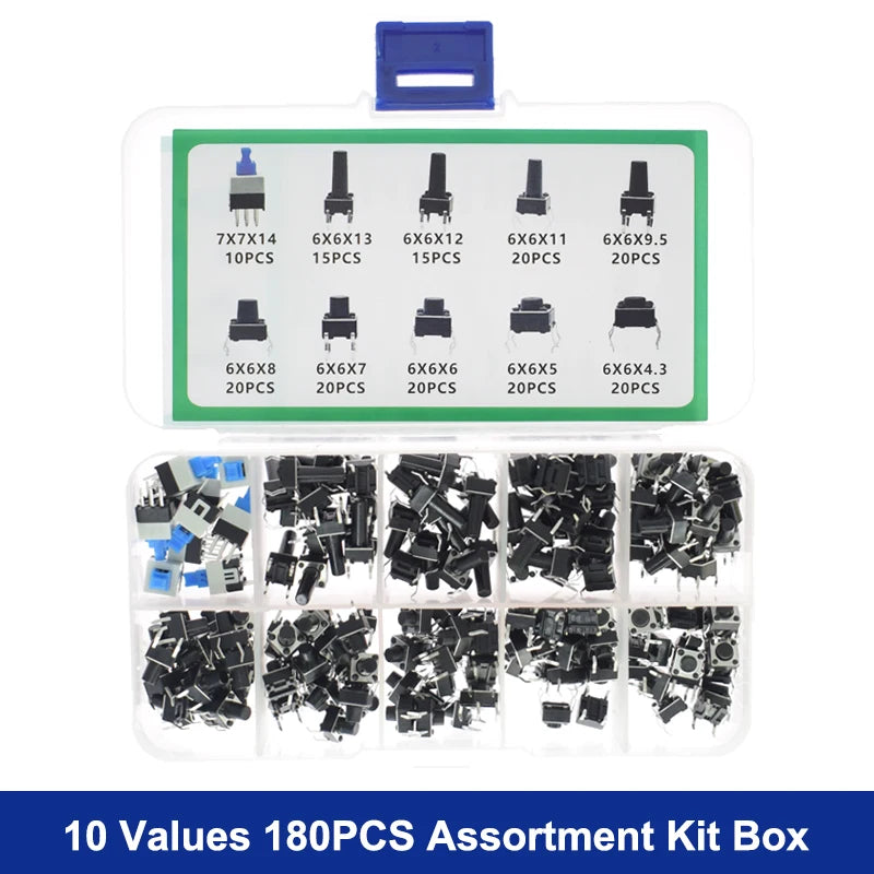 10 Values 180PCS Tactile Push Button Switch Mini Momentary Tact Assortment Kit DIY for Arduino Switch 6*6 4.3MM~13MM DIP 4P