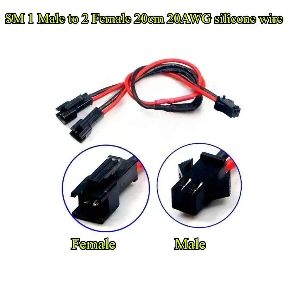 2Pin LED Y Splitter Connector JST SM 1 Male/Female to 2 Female/Male Wire Cable 20AWG For WS2812 WS2811 SK6812 RGB RGBW Led Strip