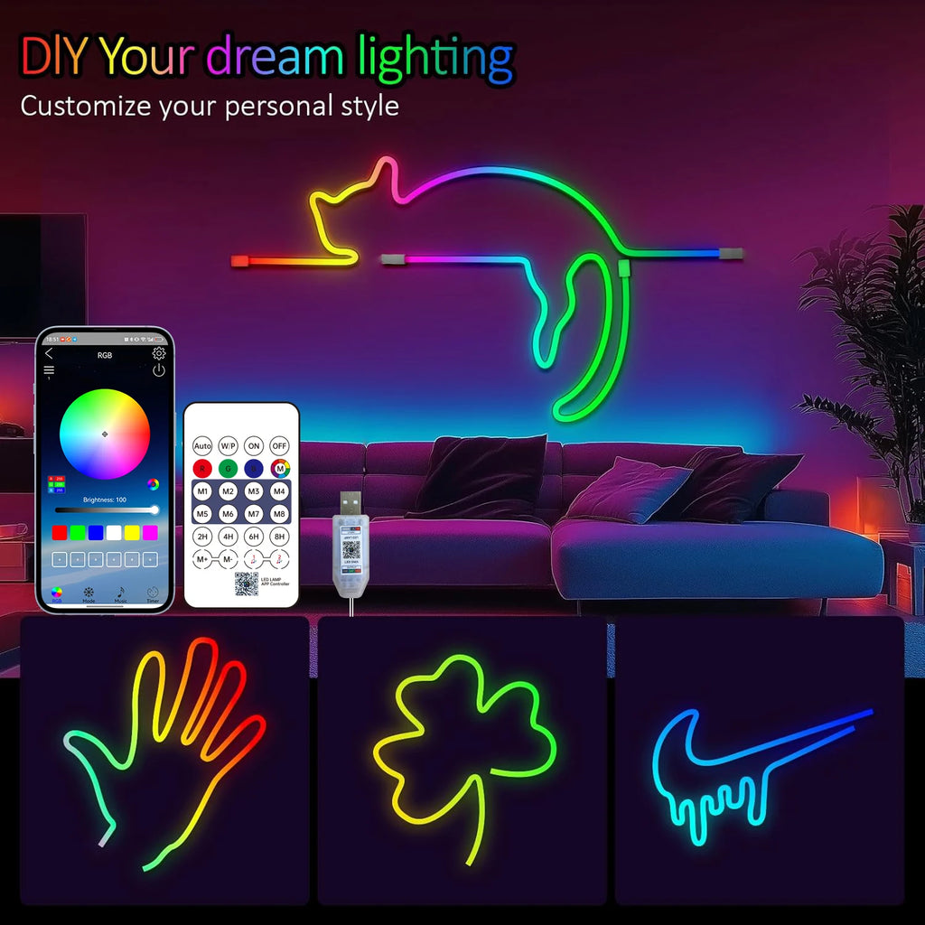 Bluetooth RGB Neon LED Strip 1-10m DC5V USB IP65 Waterproof Flexible Tape with App/Remote Control Music Sync for Home Decor