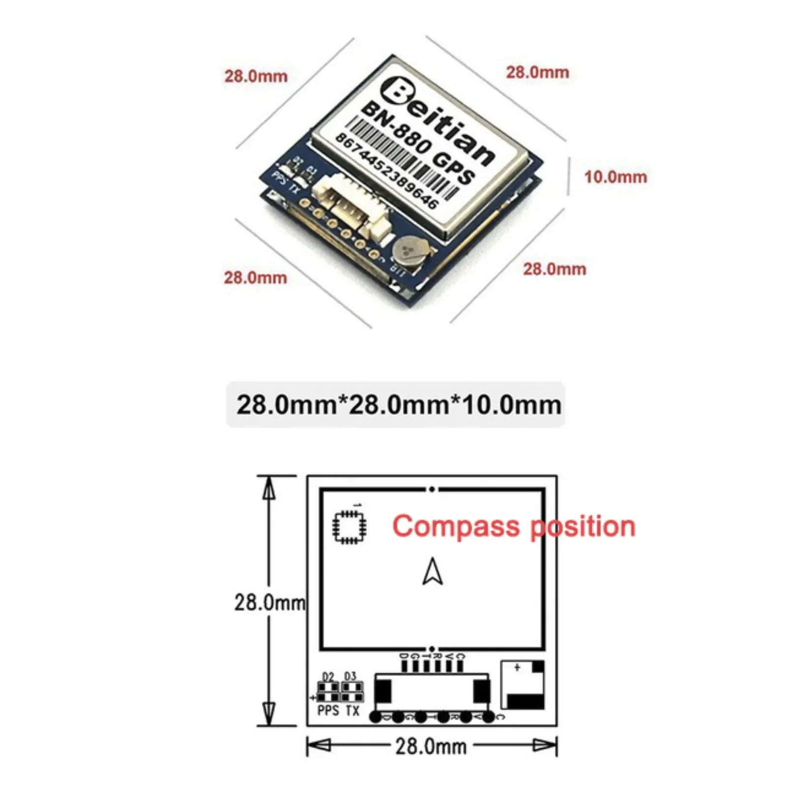 Beitian BN-880 GPS Module with HMC5883L Compass GPS/GLONASS/Galileo/BeiDou Support -167dBm Sensitivity for FPV Drones