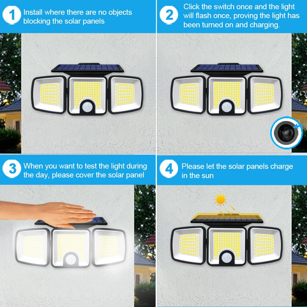3 Heads Solar Motion Sensor Lights 236/223LED Solar Security Flood Lights Waterproof 3 Modes Wall Light Garden Yard Patio Pathwa