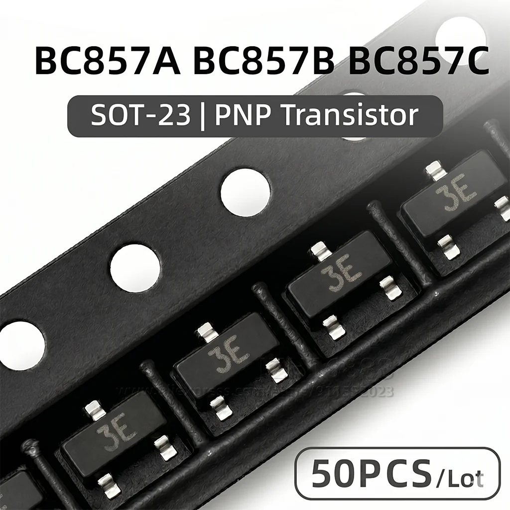 50PCS BC857A BC857B BC857C PNP Transistor SOT23 SMD Small Signal BJT 3E 3F 3G Marking Code Assorted Electronic Components