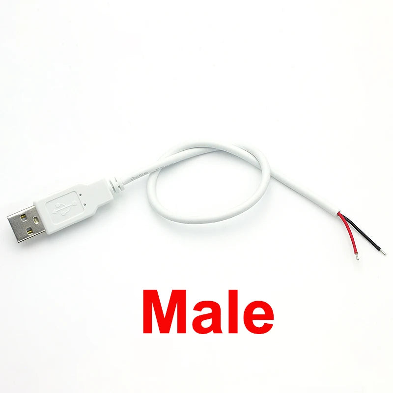 0.3m/1m/2m USB Power Supply Cable 2 Pin USB 2.0 A Female Male Charger Charging Cord Extension Connector DIY White Wire
