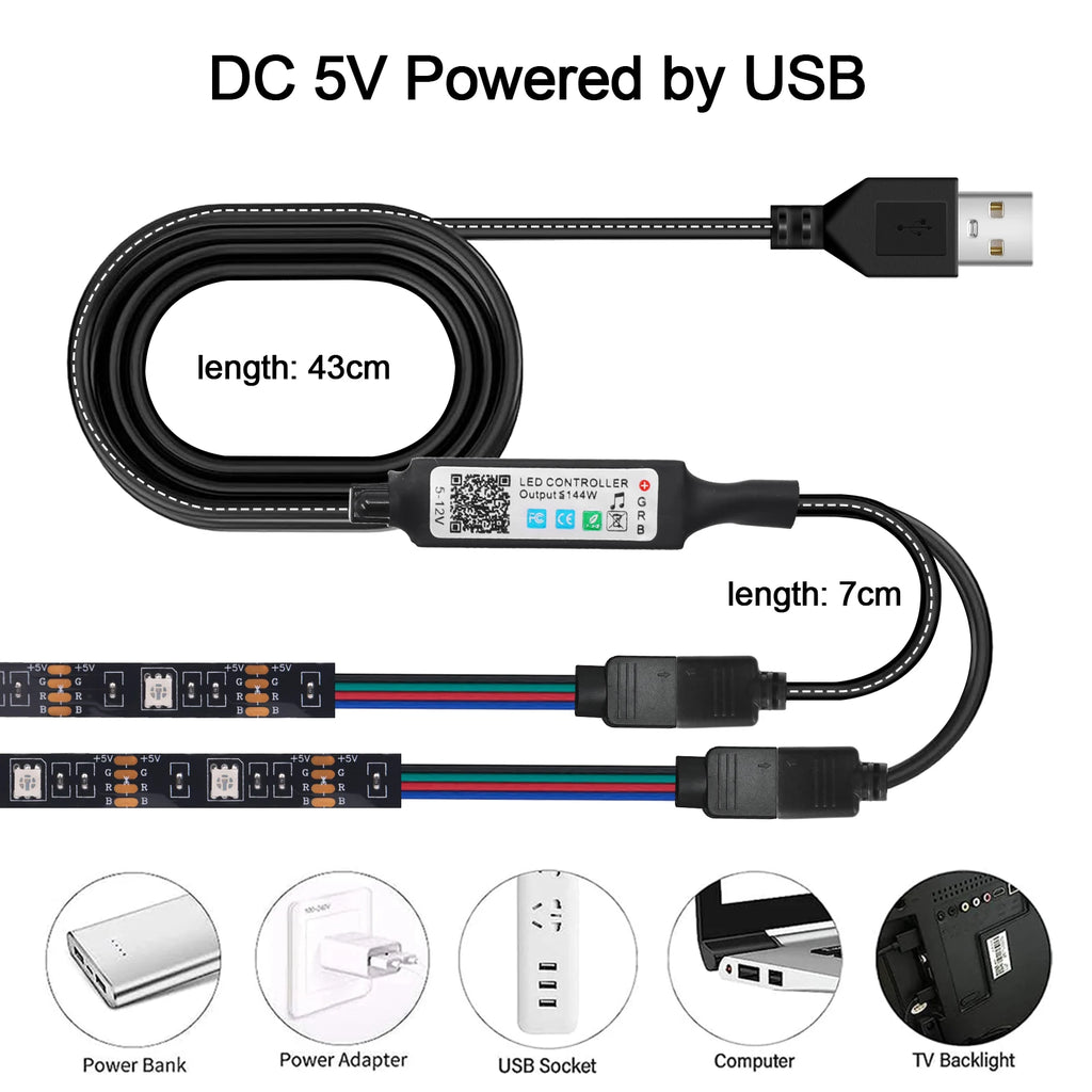 Smart 2IN1 USB LED Strip Lights RGB 5050 Remote Control Kit Flexible Ribbon LED Diode Tape Self-adhesive for TV Backlight