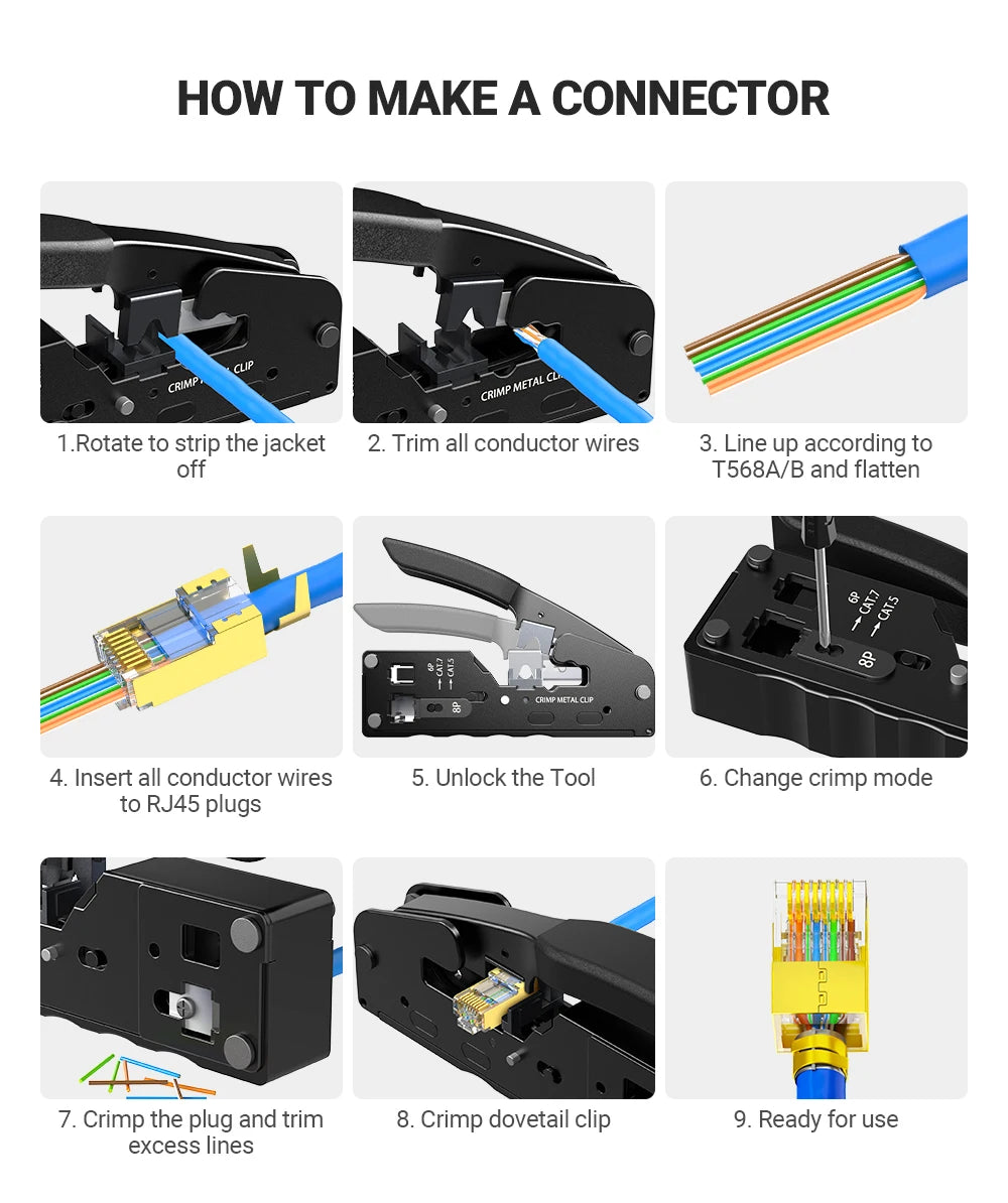 AMPCOM RJ45 Crimper CAT7 Crimping Tool for Pass Through RJ11 RJ45 Connector CAT6 CAT5E Modular Plugs With Wire Stripper Cutter