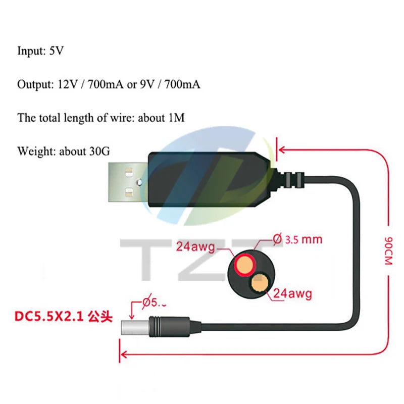 TZT 1/3PCS USB Power Boost Line DC 5V to DC 9V / 12V Step UP Module USB Converter Adapter Router Cable 2.1x5.5mm Plug