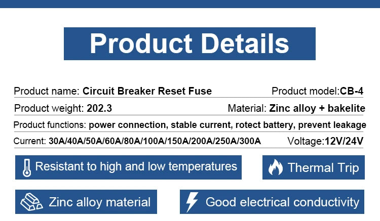 Circuit Breaker Reset Fuse 12v 24v 48v DC 20A-300A 250A Solar Fuse Car Boat Audio Manual Power Protect Fuse Resettable Insurance