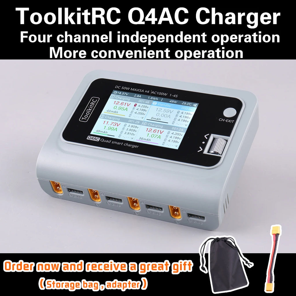 ToolkitRC Q4AC 4x50W 5A AC 100W 4 Port DC Smart Discharger Charger XT60/XT30 Optional for 1-4S Lipo Battery