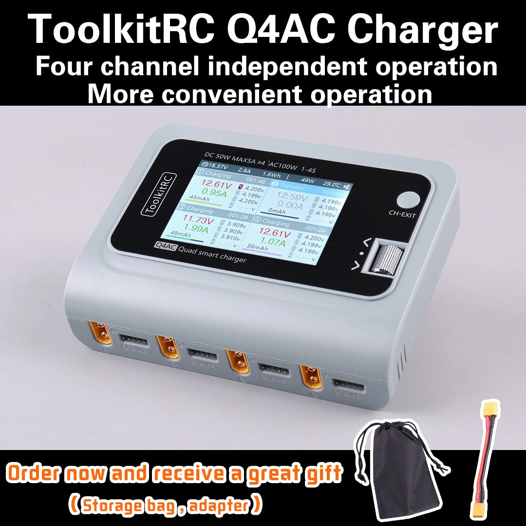 ToolkitRC Q4AC 4x50W 5A AC 100W 4 Port DC Smart Discharger Charger XT60/XT30 Optional for 1-4S Lipo Battery
