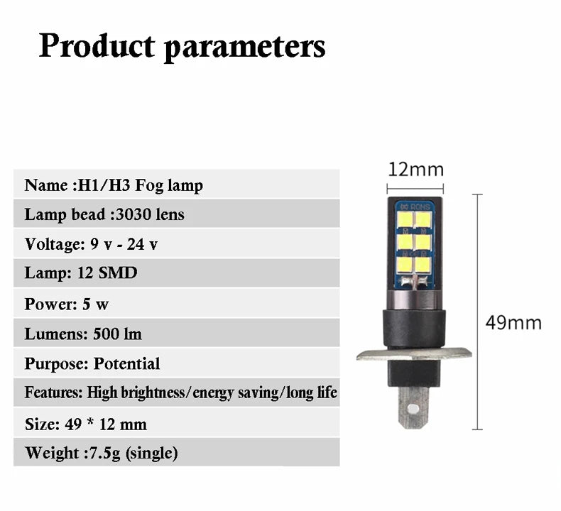2x 7 Colors H1 H3 880 Canbus Super Bright LED Bulb Car Fog Light Headlight Bulbs 3030 12SMD 12V Running Light Auto Car Fog Lamps