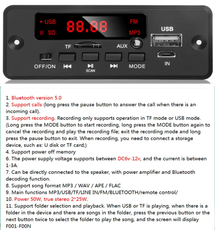 50W Amplifier MP3 Decoder Board DC 6V 18V Bluetooth 5.0 Car MP3 Player USB Recording Module FM AUX Radio For Speaker Handsfree