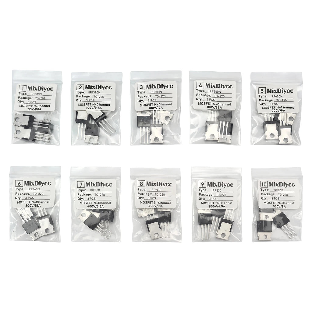 10 Values IRF MOSFET Kit TO-220 IRF510N IRF520N IRF530N IRF540N IRF630N IRF640N IRF730 IRF740 IRF830 IRF840 Total 30 pcs