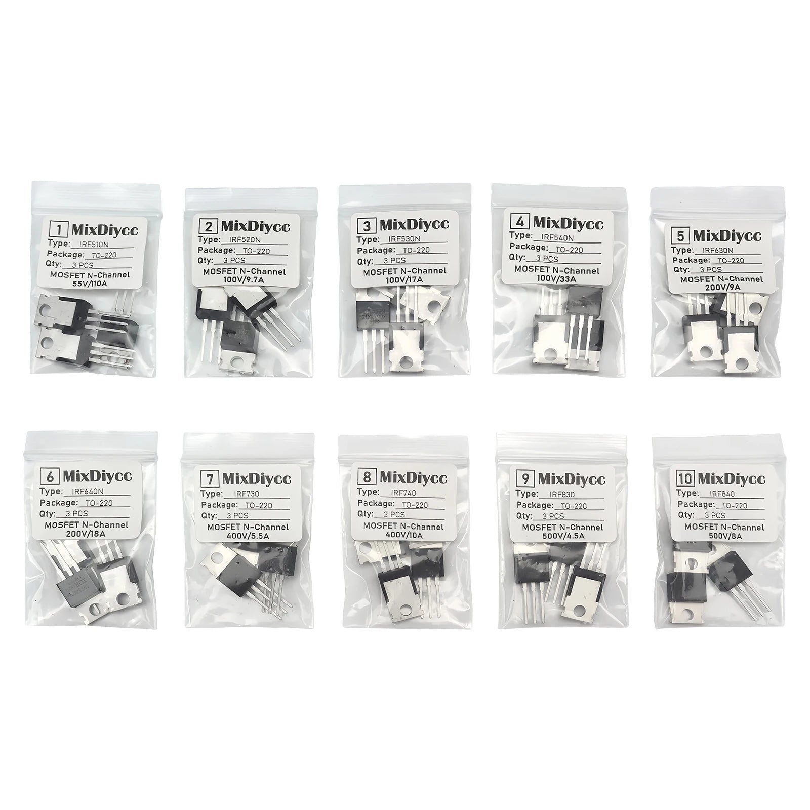 10 Values IRF MOSFET Kit TO-220 IRF510N IRF520N IRF530N IRF540N IRF630N IRF640N IRF730 IRF740 IRF830 IRF840 Total 30 pcs