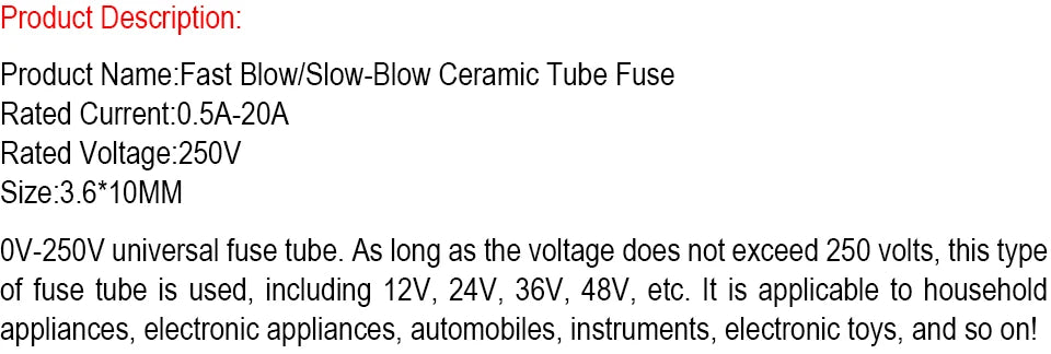 10PCS 3.6*10MM Fast Blow/Slow-Blow Ceramic Tube Fuse with Lead Wires 0.5A 1A 1.5A 2A 2.5A 3A 3.15A 4A 5A 6.3A 8A 10A 15A 20A250V