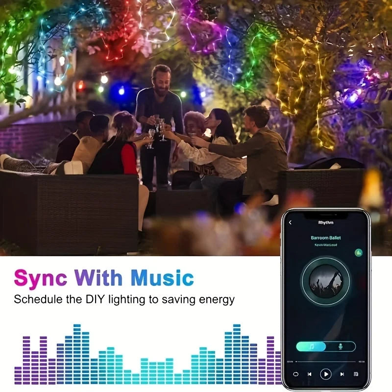 RGB Leather LED Fairy Lights 10M 40M Smart Bluetooth Music Light String IP65 Holiday Garland Decoration