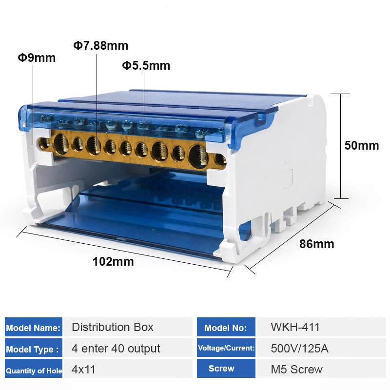WKH-207/211/215/407/411/415 DIN Rail Distribution Block Multiple Input Output Screw Terminal Electrical Power Junction Box