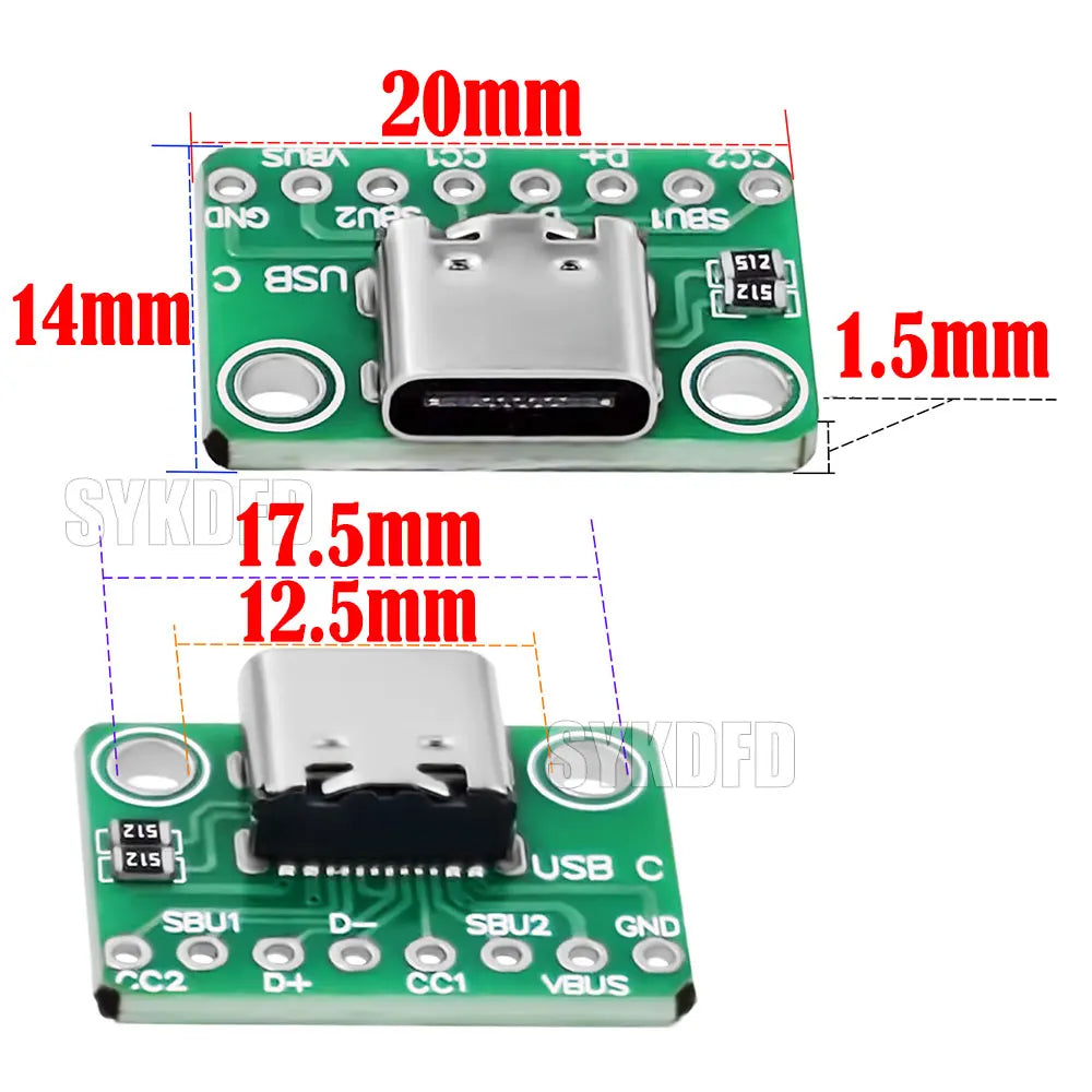 USB 3.1 Type C Connector 16 Pins Type-C Female Socket Receptacle Adapter Type-C 16Pin Adapter Board 8pin 512  Dual Resistor 5.1K