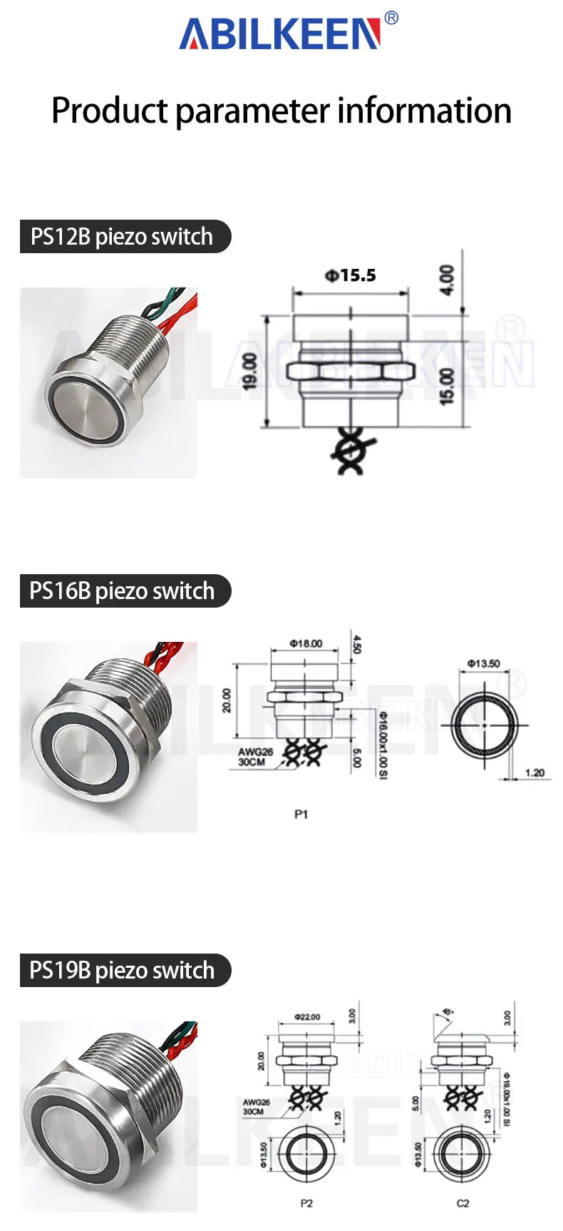 ABILKEEN 30mm 1NO Momentary/Latching Function Piezo Electric Switch IP68 Waterproof Pressure-Sensitive Switch