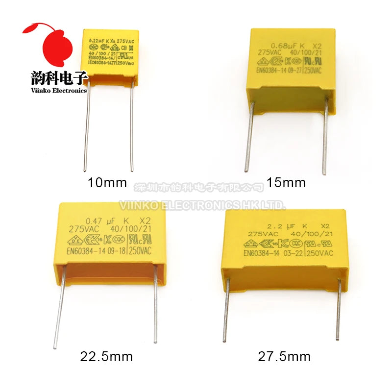 10pcs 275VAC X2 Safety capacitor 275V 10mm 15mm 22.5mm 27.5mm 0.022UF 0.047UF 0.1UF 0.22UF 0.47UF 0.68UF 1UF Polypropylene film