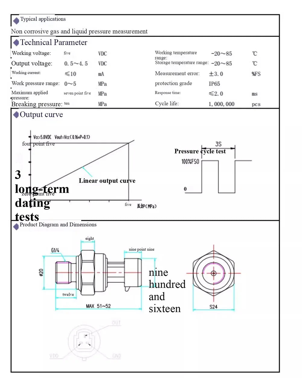 G1/4 DC5V 0-1.2 MPa Pressure Sensor Transducer Oil Fuel Diesel Gas Water Air Pressure Transducer With 19cm Cable