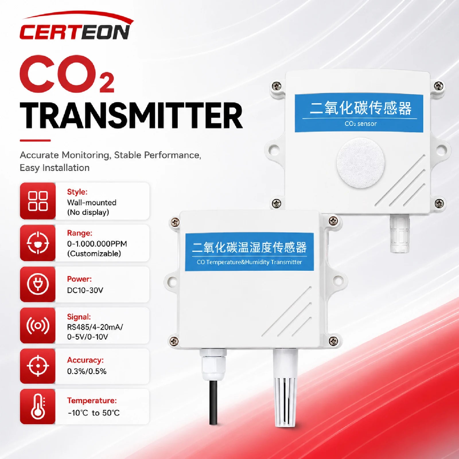 QT-10 CO2 Transmitter NDIR Carbon Dioxide Sensor RS485 4-20mA 0-5V 0-10V 10-30VDC IP65 for Greenhouse HVAC Factory