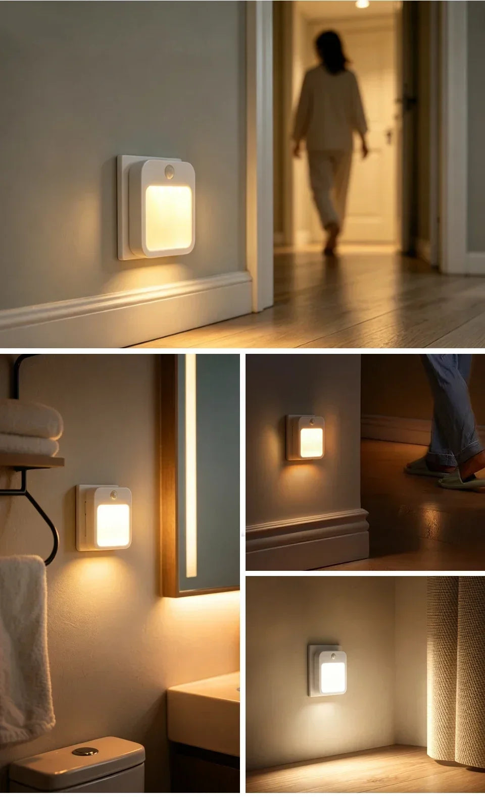 LED Motion Sensor Plug-In Night Light Warm/Cool White Dimmable 5 Brightness Levels for Hallway Stairway Bedroom 100-240V