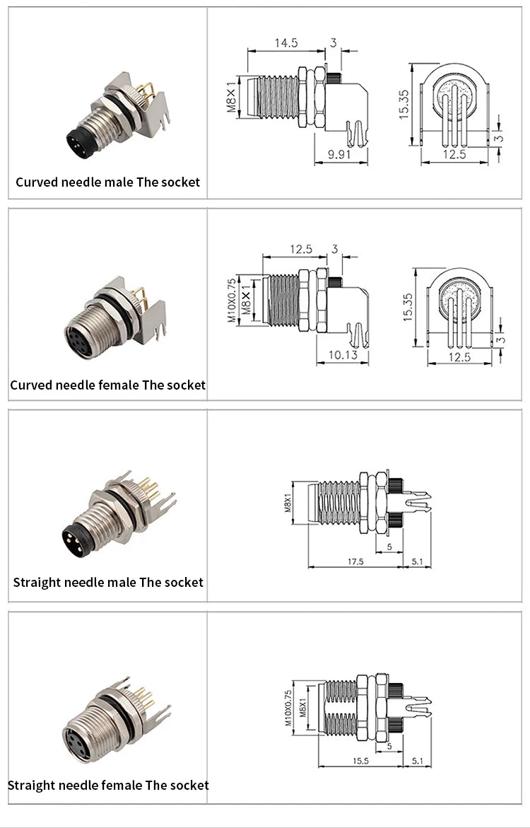 5/10 PCS M8 Male/Female Curved Straight Jack Socket 3 4 5 6 8 Pin Solder IP67/68 Waterproof PCB Panel Connector
